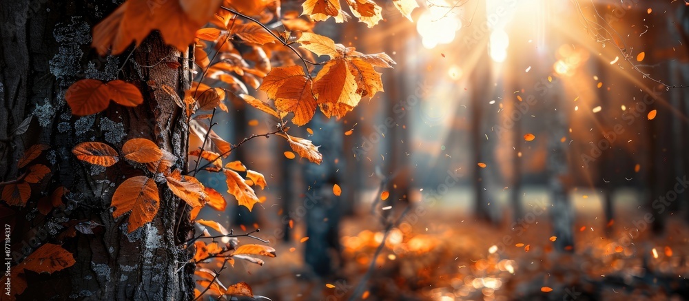 Aufkleber magical forest with golden autumn leaves on a tree highlighting the scenery focus on the leaves idea