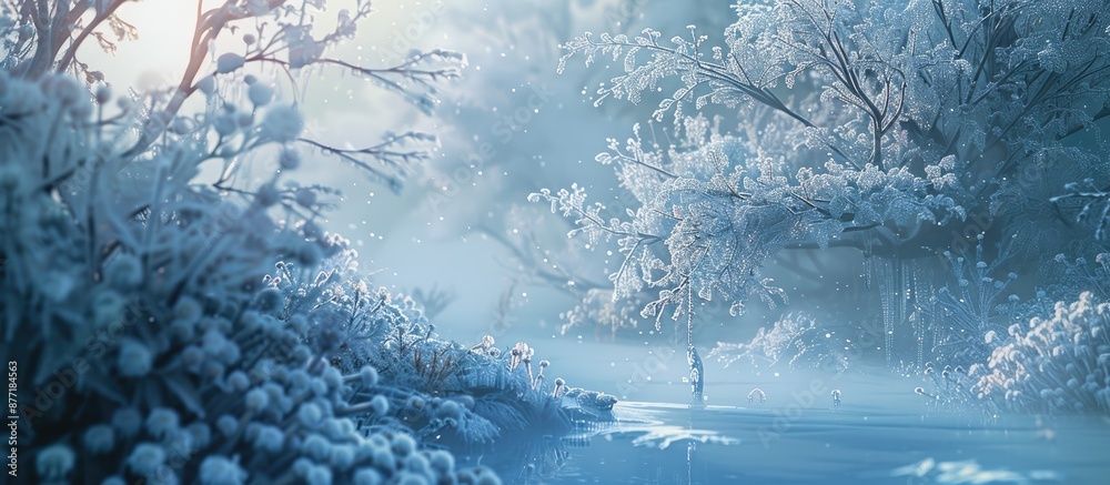 Poster in winter icy trees and plants are highlighted in a nature themed copy space image