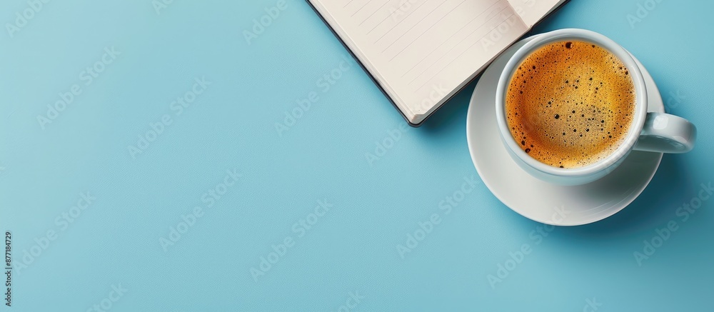 Poster Desk with a cup of coffee and notebook in a flat lay top view creating a tranquil scene for relaxation after work against a copy space image