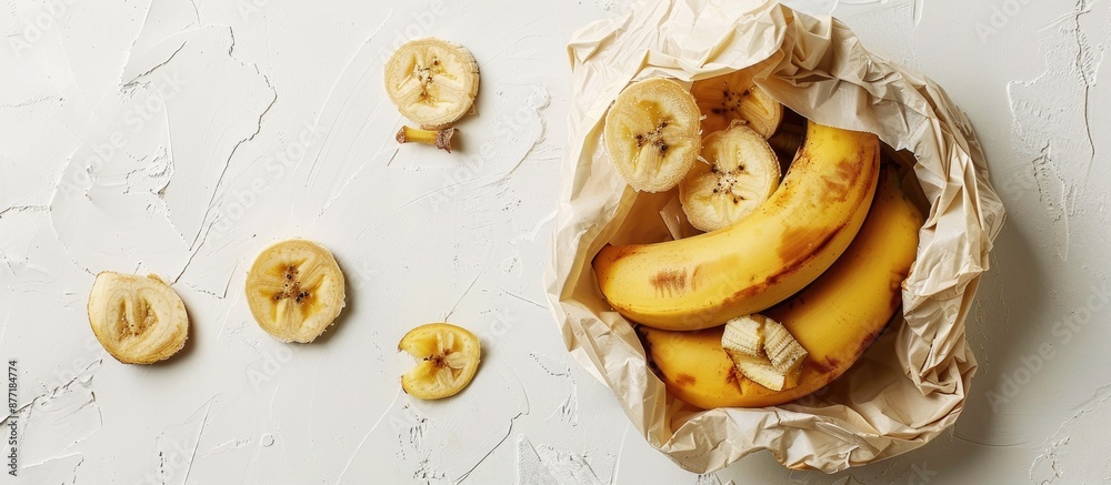 Poster Banana and dried slices in a bag with ample copy space on a white backdrop