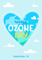 Ozone day poster with heart shaped earth planet. Eco vector banner with heart in the atmosphere.