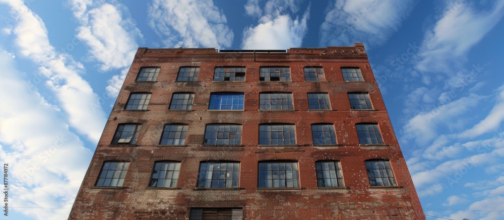 Poster old industrial brick building pictured against the open sky in a copy space image