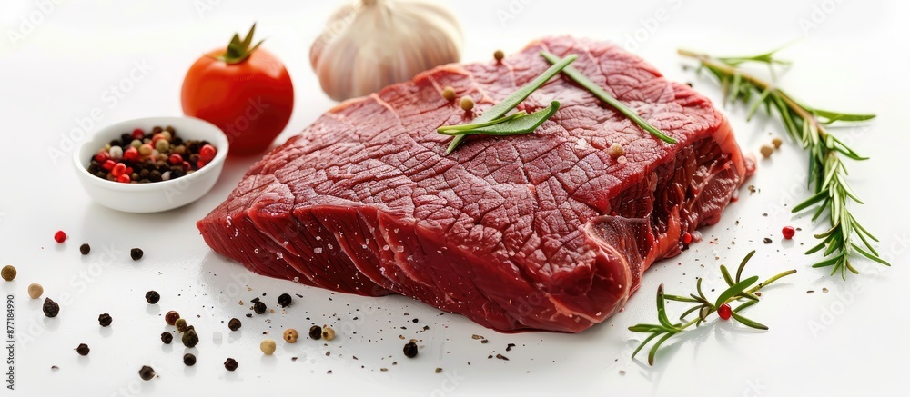 Poster raw flank beef steak and ingredients ideal for cooking isolated on a white background in a copy spac
