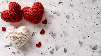 Sweet soft knitted yarn hearts red white knitting crafter handmade wool decor toy romantic DIY love Valentine's Day hobby creative crafts flatlay above knit crochet blank banner table background copy 