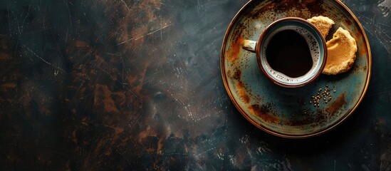 A traditional Spanish breakfast of black coffee and porras in a vintage cup captured from above on a dark backdrop with ample copy space image