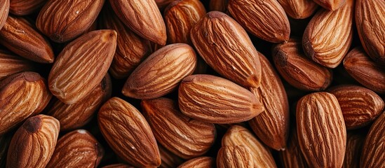 Almonds arranged in a pile creating a background with copy space image