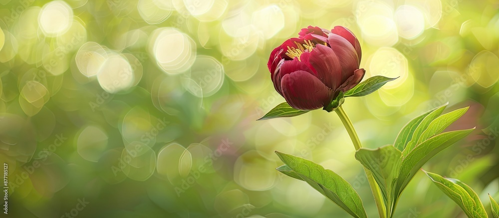Aufkleber sunny day with a burgundy peony bud set against a vibrant spring green background providing space fo