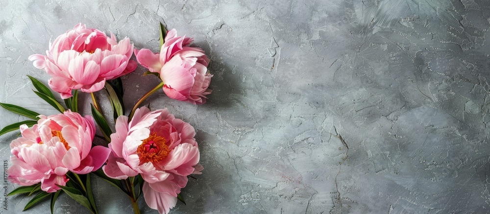 Aufkleber Pink peonies on a textured grey background with an area for text Ample space for copy in the image