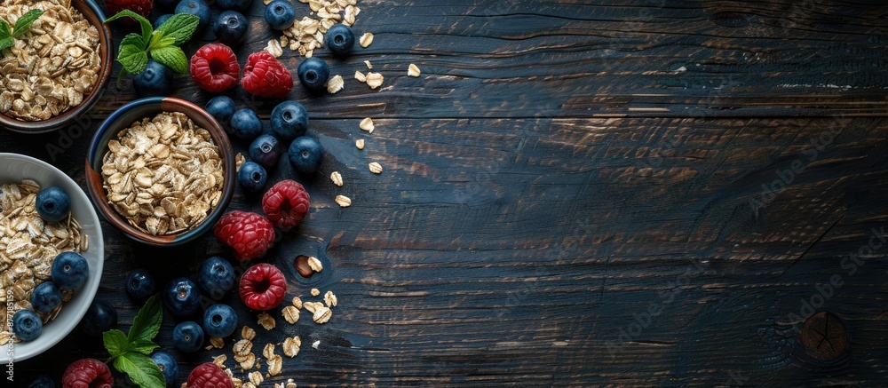 Poster top view of healthy oatmeal ingredients displayed on a dark wooden table with a toned effect ideal f