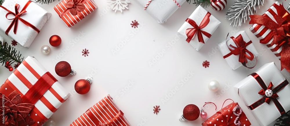 Poster Gift themed flat lay with red white and colorful elements on a white background featuring a clear copy space image