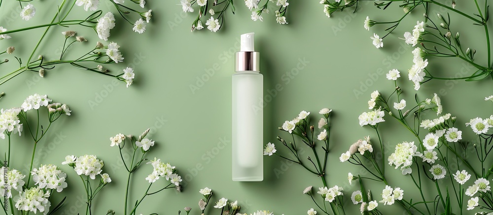 Poster flat lay arrangement featuring a cosmetic bottle and flowers on a green background emphasizing minim