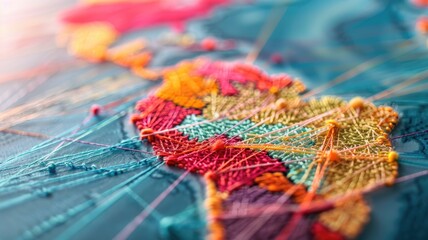 Obraz premium Colorful thread art depicting interconnected pattern on map