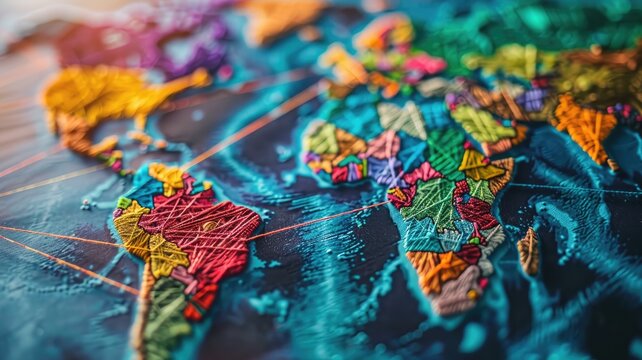 Detailed, colorful map of world using string art designs