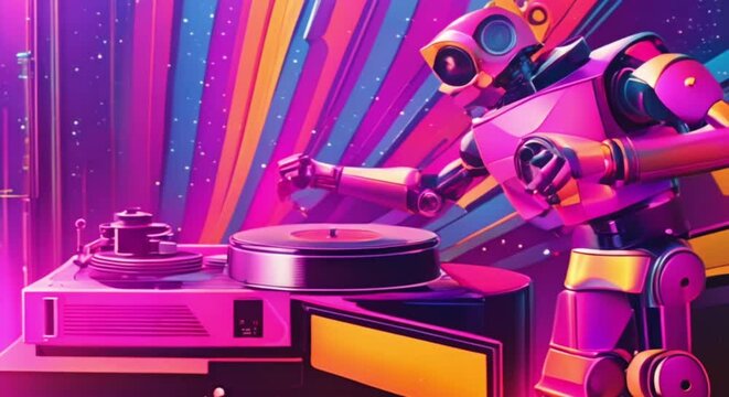 colorful dj robot on turntables