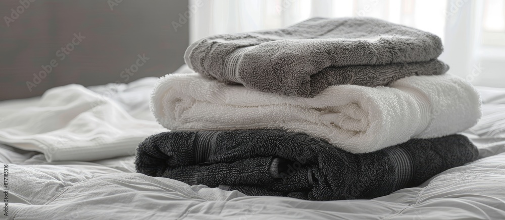 Aufkleber Clean towels neatly stacked on a bed with copy space image