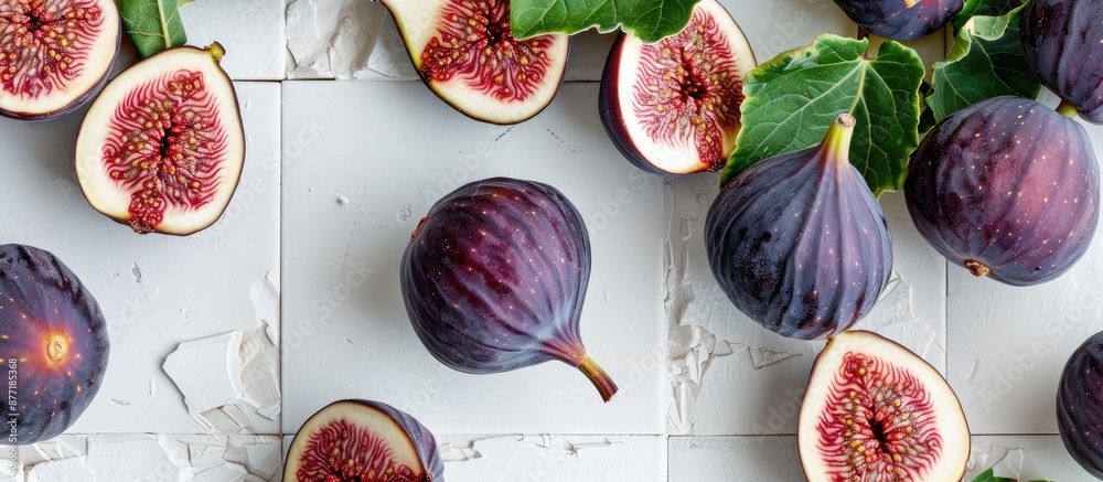 Poster flat lay of fresh ripe purple figs on a white tiled table with space for text in the image. with cop