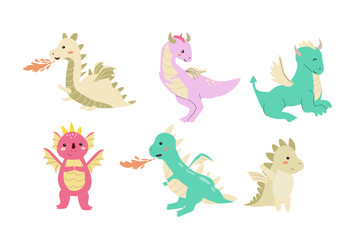 Obraz premium Childrens dragons collection. Fairy cute animals in childish style. Magic characters in scandinavian style. Baby dragons bundle.