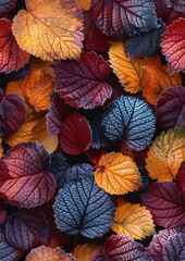 Fototapeta premium Vibrant Multicolored Autumn Leaves in a Detailed Close-Up for Seasonal Backgrounds