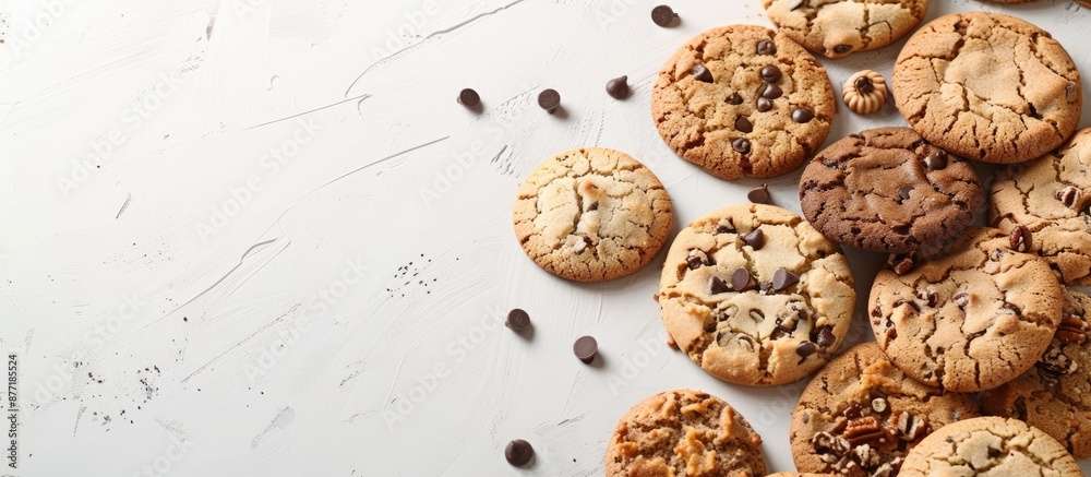 Poster variety of fresh bakery cookies on a white backdrop perfect for copy space image
