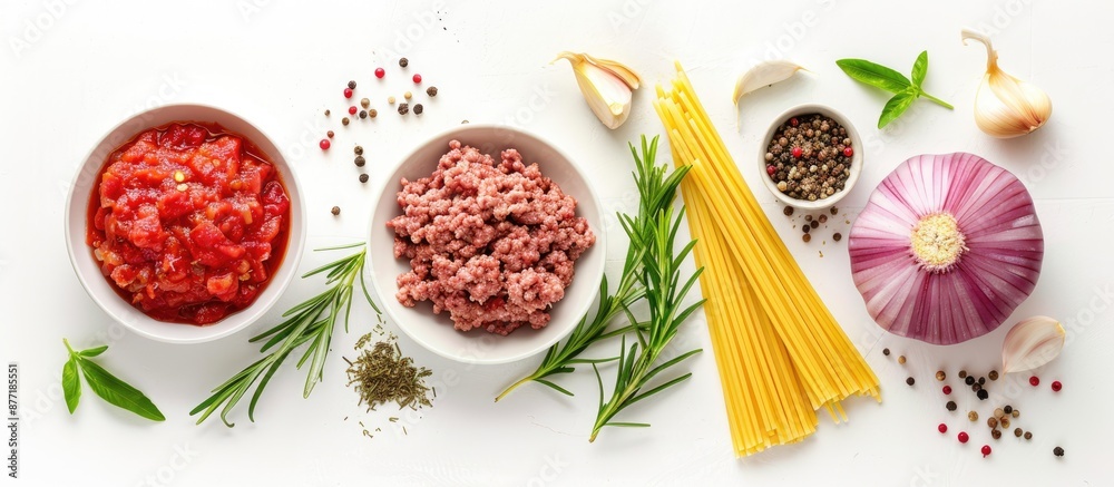 Poster top down view of ingredients like ground meat pasta onions and tomato sauce on a white background fo