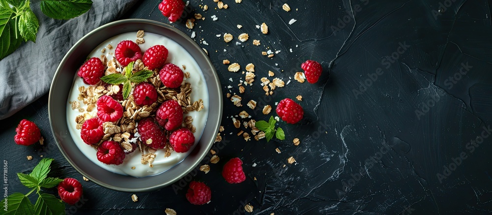 Poster a nutritious vegan breakfast with yogurt muesli and raspberries on a dark backdrop featuring copy sp