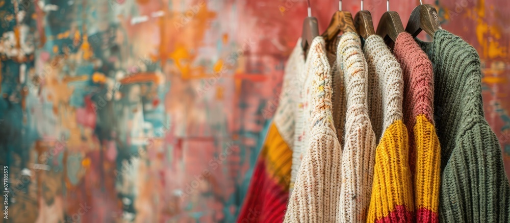 Poster warm sweaters displayed on rack with colorful backdrop providing copy space image