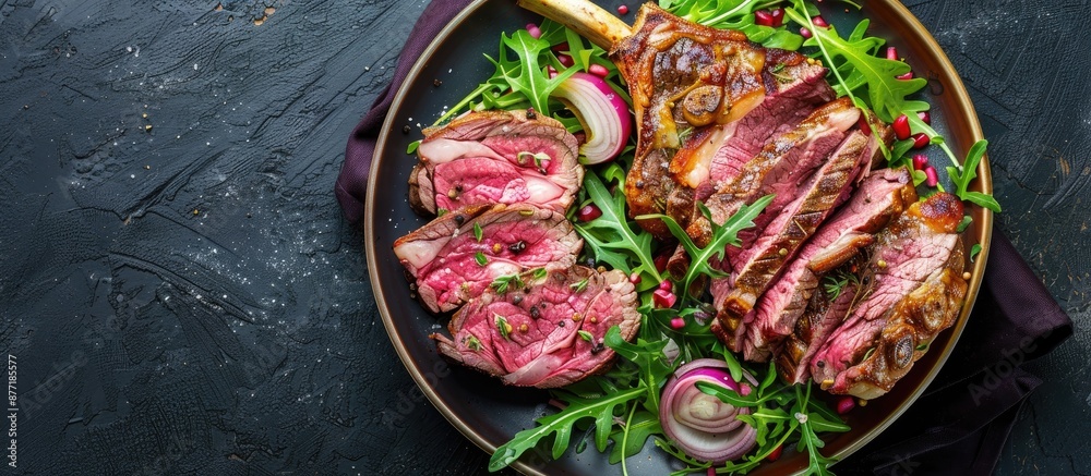 Aufkleber sliced roast beef rib accompanied by a colorful salad of onions arugula and lettuce on a plate with 