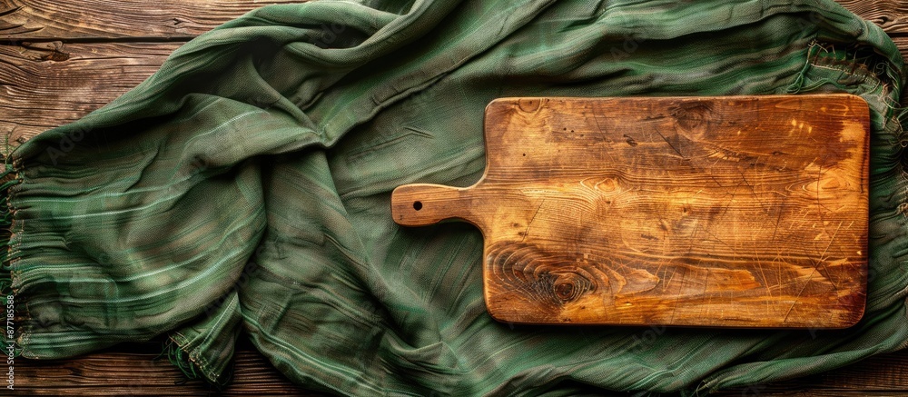 Aufkleber wooden table with a green tablecloth and a cutting board mockup ideal for online presentations with 