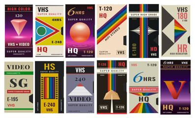 VHS cassette retro multimedia entertainment television cinema cover design template set vector