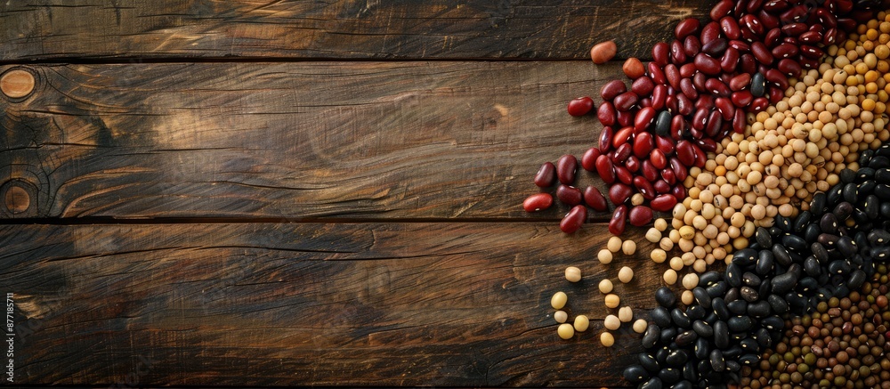 Aufkleber Flatlay of various beans like red soy black and mung beans on a wooden background with ample copy space image