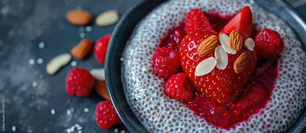 Aufkleber valentine s day breakfast idea chia pudding with red berry puree almonds and heart shaped strawberry
