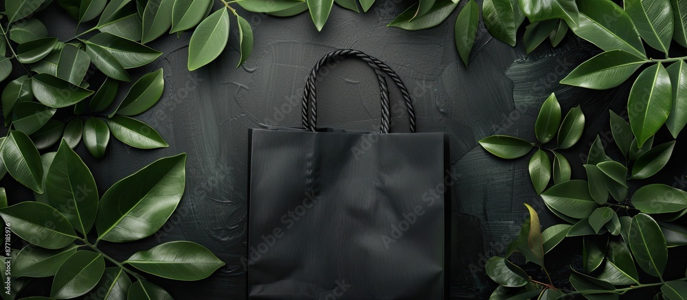 Aufkleber dark background with green leaves frames a black shopping bag in a mockup offering copy space image