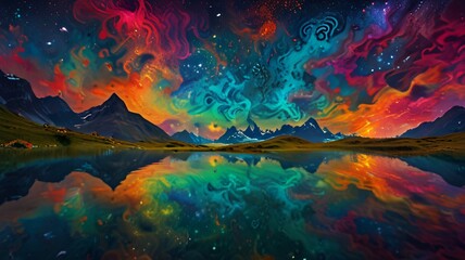 Fototapeta premium Fantasy epic magic mountain landscape, Mystical spring valley, Panoramic view of big mountains and lake, Mountains landscape, Rural nature background, hills horizon for multimedia content creation