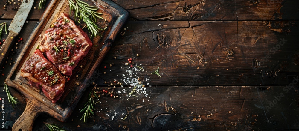 Aufkleber Entrecote meat with rosemary and pepper on a cutting board set against a wooden backdrop creating a rustic copy space image