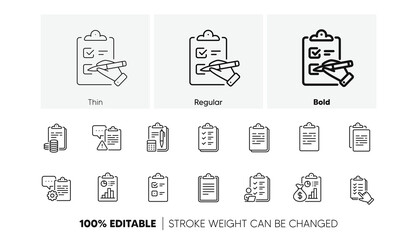 Agreement info, Clipboard manager, Accounting Report. Checklist documents line icons. Medical schedule, Document list and Voting checklist line icons. Data calculation, Contract document. Vector
