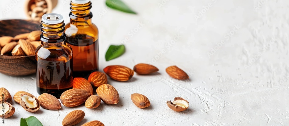 Poster almond oil bottles and almonds on a white backdrop with copy space image available