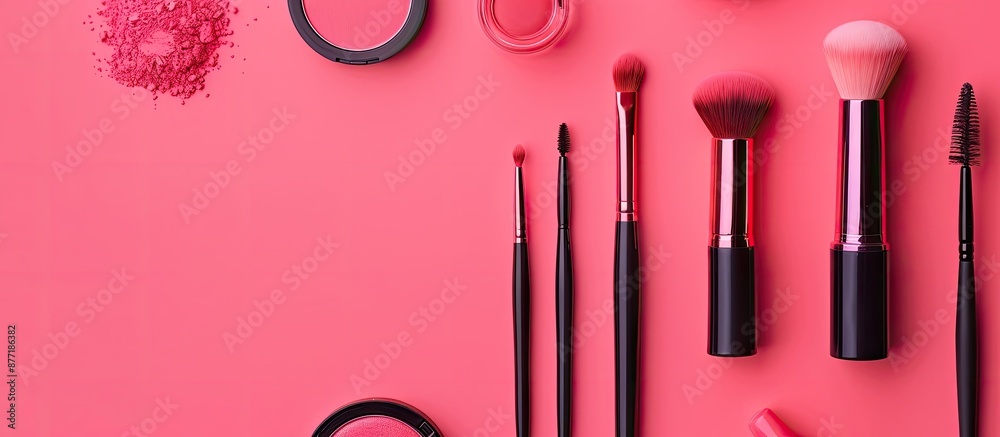 Aufkleber Professional makeup cosmetics set displayed on a pink background ideal for beauty bloggers with room for text or images. with copy space image. Place for adding text or design