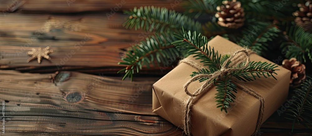 Aufkleber Wooden table holds a Christmas gift box and fir tree branch creating a festive setting with a copy space image