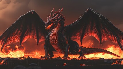 A majestic dragon with fiery scales and outspread wings stands amid a fiery landscape with dark clouds overhead.