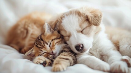 Sleeping Puppy and Kitten Together
