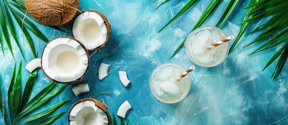 Poster white tropical cocktail made with coconut milk served in glasses with straws on a blue background ad