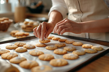 Baking cookies, close-up of hands placing cookies on a baking sheet, cookie dough and baking tools visible