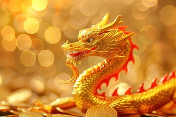 Fototapeta premium Golden dragon figurine with bokeh lights in the background, symbolizing wealth and prosperity. Perfect for festive and oriental themed projects.