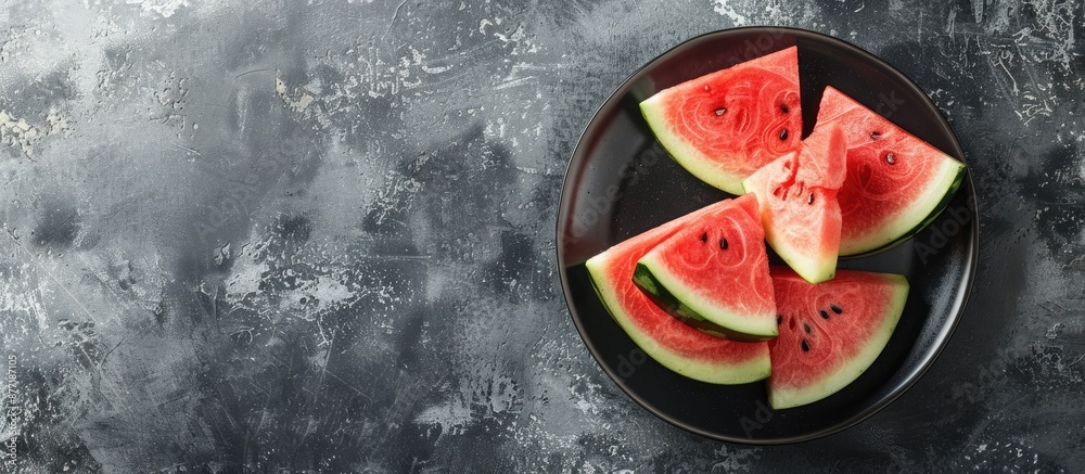 Poster top down view of fresh watermelon slices on a dark plate against a concrete backdrop with sunlight c