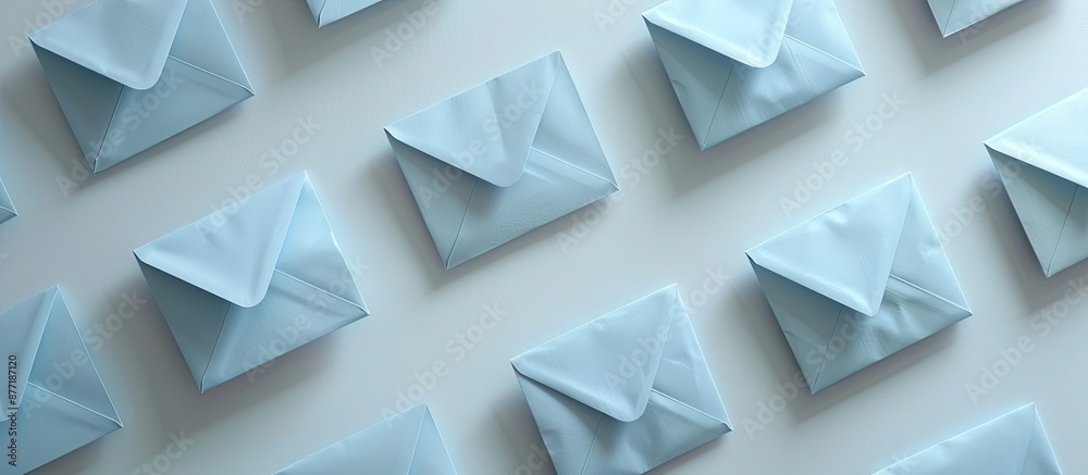 Aufkleber Bird s eye perspective showing light blue envelopes against a white surface ideal for adding text or graphics. with copy space image. Place for adding text or design