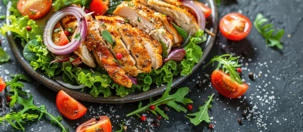 Poster fresh chicken breast salad with a mix of tomatoes onions and lettuce served on a table with a food b