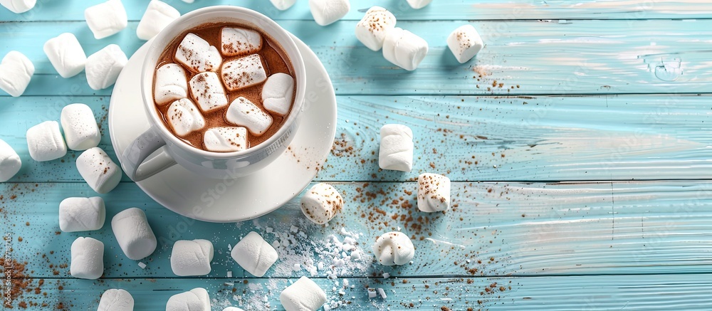 Poster hot chocolate with fluffy marshmallows arranged on a blue wooden surface with ample copy space image
