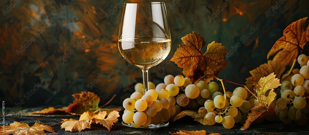 Aufkleber Photo of a glass of white wine with autumn grapes against a dark background offers space for adding text or other elements. with copy space image. Place for adding text or design