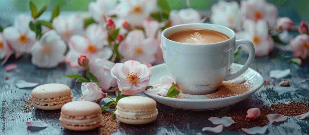 Poster Selective focus highlights a delightful scene of freshly brewed coffee and macarons adorned with primrose flowers in a shallow depth of field in a copy space image