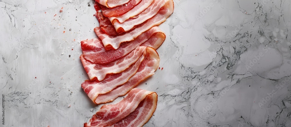 Fototapete Copy space image featuring raw bacon slices arranged on a light grey marble surface for a flat lay composition